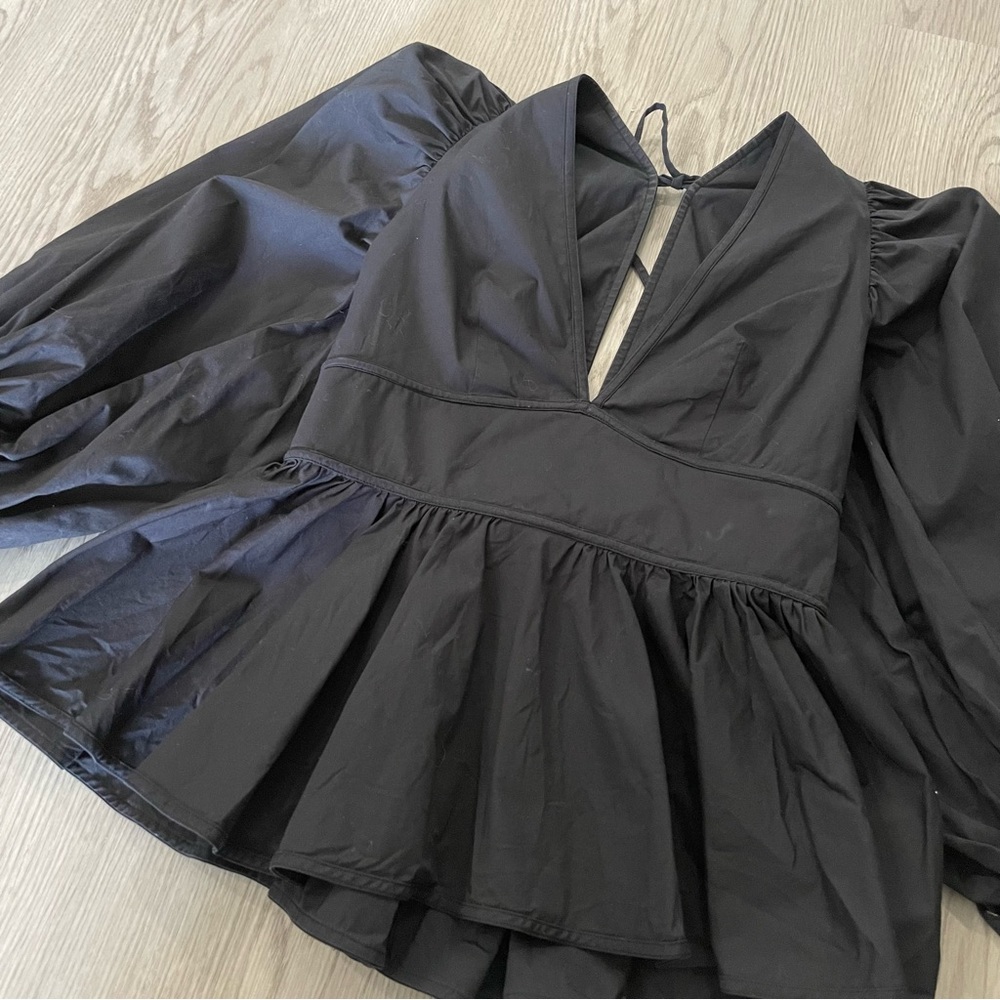 STAUD Luna Top Black Peplum Poplin Bold Sleeve Open Back - Picture 3 of 15